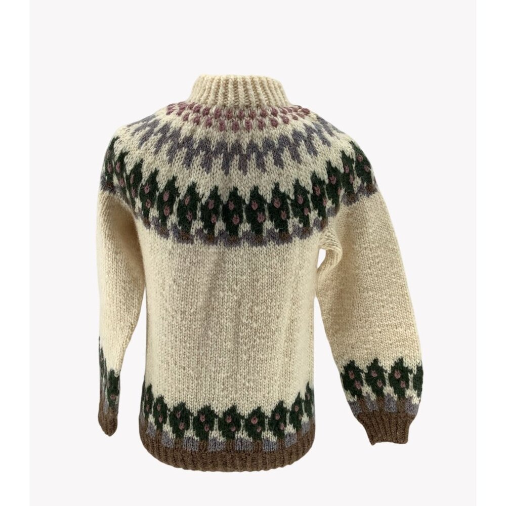 Hand Knit Fair Isle Sweater Wendy Stewart Pure Wool Beige Green Brown Sz S - Picture 3 of 6